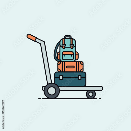 Luggage stacked on a trolley with a light blue background.