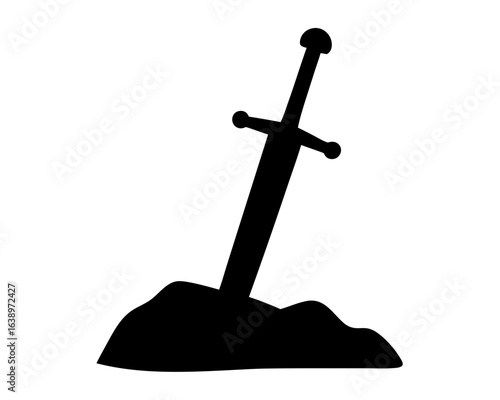 Silhouette of Excalibur Sword Stuck in Stone, Legend of King Arthur