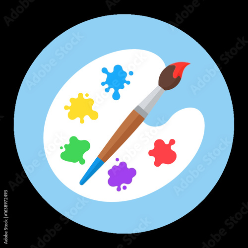 Art palette with colorful paint splatters and a paintbrush.