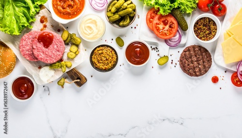 Gourmet burger ingredients flat lay on a white marble background
