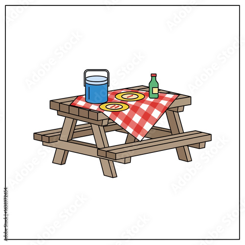 Wooden picnic table with food and drinks under a red checkered cloth.