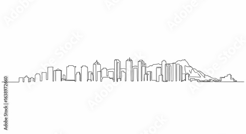 City Skyline Silhouette: An minimalist line art illustration showcases the striking silhouette of a vibrant urban cityscape, capturing the essence of metropolitan energy.