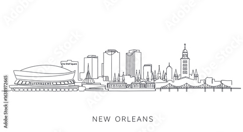New Orleans Skyline Illustration: Minimalist illustration captures the essence of New Orleans' iconic cityscape. showcasing landmarks, and artistic interpretation of city's essence.