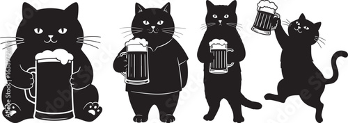 Four black cat silhouettes holding beer mugs in various poses silhouette