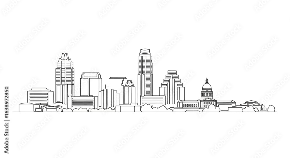 Naklejka premium Austin Cityscape: A simple illustration, showcasing the architectural diversity of Austin, the cityscape, lines gracefully illustrating the city's landmarks and structures.