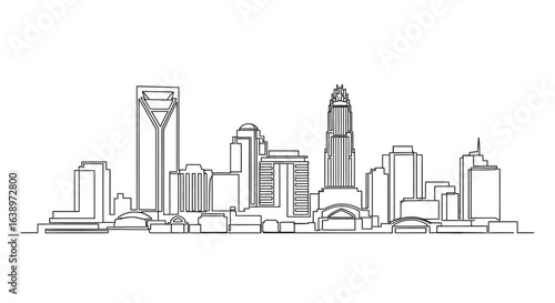Cityscape in Line: A monochromatic line-art depiction of a modern city skyline, a visual representation of an urban environment, focusing on architectural structures.
