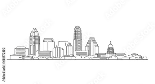 Austin Cityscape: A simple illustration, showcasing the architectural diversity of Austin, the cityscape, lines gracefully illustrating the city's landmarks and structures.