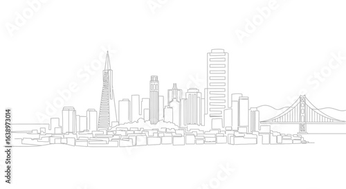 San Francisco Skyline: A minimalistic and precise line drawing showcases the iconic San Francisco skyline, with the Golden Gate Bridge and diverse architectural marvels, emphasizing urban grandeur.