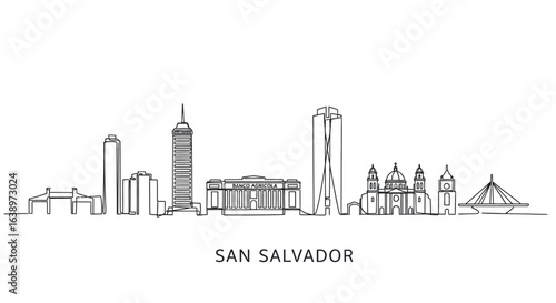 San Salvador Skyline: A minimalist line art captures the essence of San Salvador's iconic architecture and urban landscape in a clean and contemporary style. 