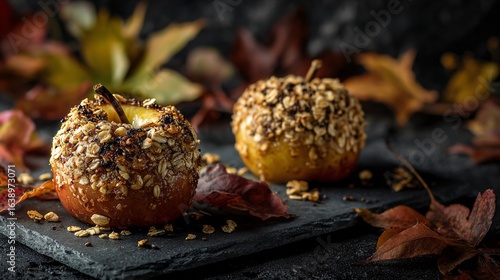 Wallpaper Mural Baked apples with oats and brown sugar, fall leaves around and minimal stone backdrop Torontodigital.ca