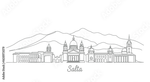 Cityscape of Salta: An elegant line art illustration captures the skyline of Salta, showcasing its architectural beauty and majestic mountain backdrop. 