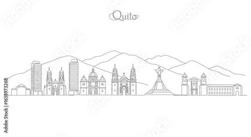 Quito Skyline: A clean, minimalist line art representation of Quito's iconic buildings and mountainous backdrop, showcasing a sense of place.