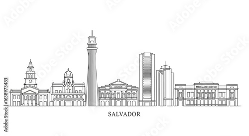 Salvador's Architectural Silhouette: A minimalist monochrome outline of Salvador's skyline, showcasing its iconic buildings, towers, and the city's unique architectural character. 