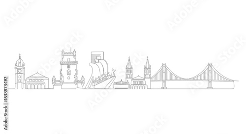 Lisbon's Skyline: A minimalist line drawing showcasing the iconic landmarks of Lisbon, Portugal, against the serene horizon, capturing the essence of the city's architectural beauty.