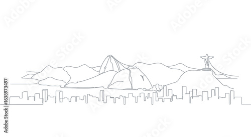 Cityscape Line Art: A minimalist, monochromatic line drawing depicts a panoramic urban skyline with recognizable landmarks, emphasizing the architectural elegance and urban sprawl.