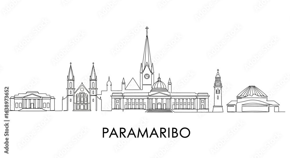 Fototapeta premium Paramaribo Skyline: A clean, architectural line drawing presents the skyline of Paramaribo, Surinam, showcasing notable buildings and structures in minimalist detail. 