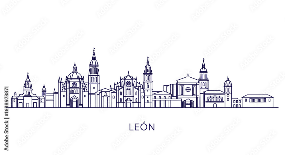Fototapeta premium León Cityscape Outline: A clean line-art depiction of the iconic cityscape of León, showcasing its distinctive architectural landmarks.