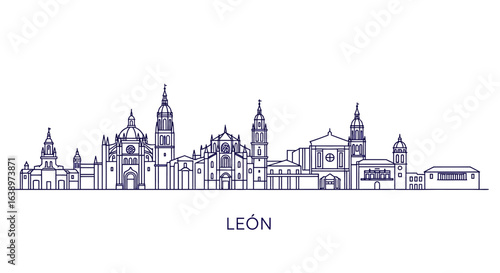 León Cityscape Outline: A clean line-art depiction of the iconic cityscape of León, showcasing its distinctive architectural landmarks.