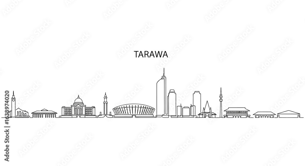 Obraz premium Tarawa Skyline: A minimalist monochrome depiction of the Tarawa skyline showcases the city's architectural marvels and urban grandeur in a continuous line drawing.