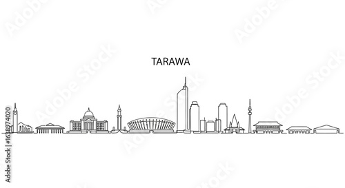 Tarawa Skyline: A minimalist monochrome depiction of the Tarawa skyline showcases the city's architectural marvels and urban grandeur in a continuous line drawing.