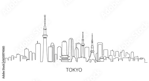 Tokyo Skyline Silhouette: A minimalist linear illustration of the Tokyo skyline, capturing its iconic buildings and towers. Clean lines and modern aesthetic.