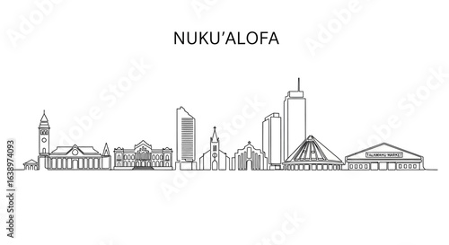 Nukuʻalofa Skyline: An illustrative architectural line drawing showcasing Nuku'alofa's unique cityscape, capturing the essence of its iconic landmarks in a clean, artistic style.