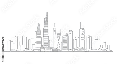Urban Silhouette: A detailed, grayscale line art rendering of a sprawling cityscape, showcasing towering skyscrapers and architectural marvels against a neutral backdrop.