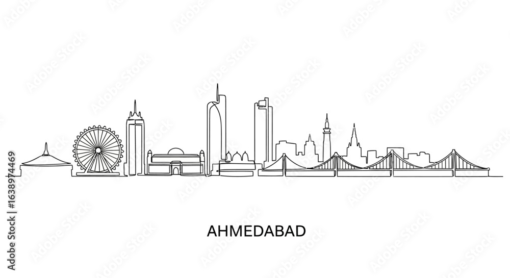Obraz premium Ahmedabad Cityscape: A clean, minimalist line drawing presents the city of Ahmedabad in a distinctive skyline silhouette.