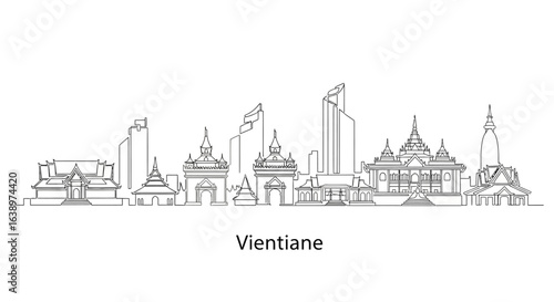 Vientiane Cityscape in Line Art: A clean, elegant, and minimalistic line art representation of the skyline of Vientiane, showcasing the city's unique architectural forms.