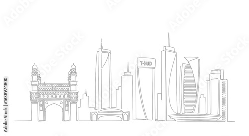 City Skyline in Outline: A simple line drawing captures the essence of a bustling city, showcasing its towering skyscrapers and iconic landmarks in a minimalist, architectural representation.