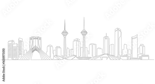Tehran Cityscape Line Art: A minimalist line drawing captures the urban skyline of Tehran, showcasing the city's iconic landmarks in a sleek and modern style.