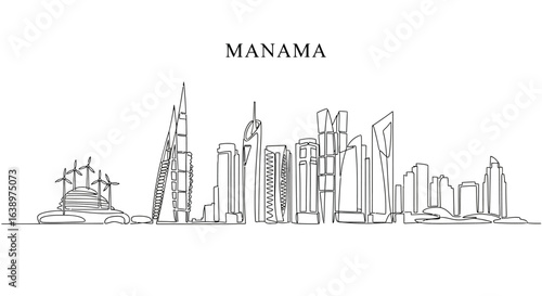 Manama Cityscape Silhouette: A detailed line art representation of the Manama cityscape, showcasing the architectural splendor of its iconic skyscrapers and modern buildings. 