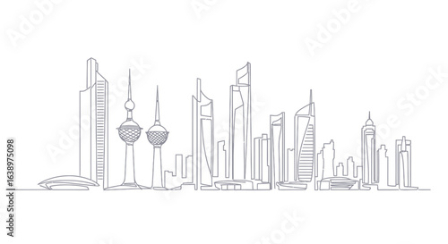 Kuwait City Architectural Line: A detailed line art depiction of the Kuwait city skyline showcases an elegant arrangement of skyscrapers and landmark structures.