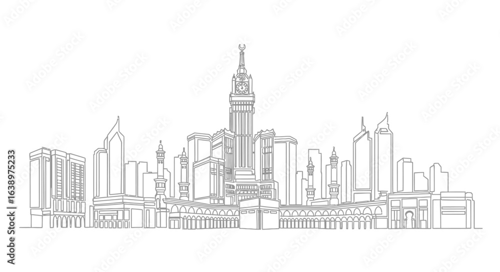 Obraz premium Mecca Skyline Architectural Wonders: a detailed line art captures the intricate details of the iconic buildings and skyscrapers against the backdrop of the sky, offering a serene perspective.