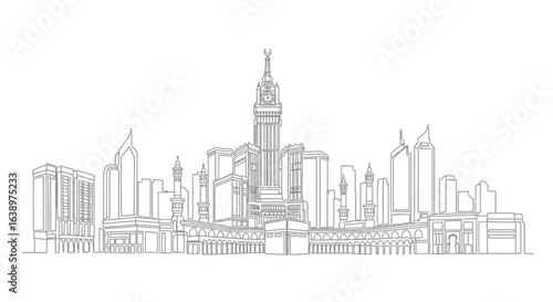 Wallpaper Mural Mecca Skyline Architectural Wonders: a detailed line art captures the intricate details of the iconic buildings and skyscrapers against the backdrop of the sky, offering a serene perspective. Torontodigital.ca