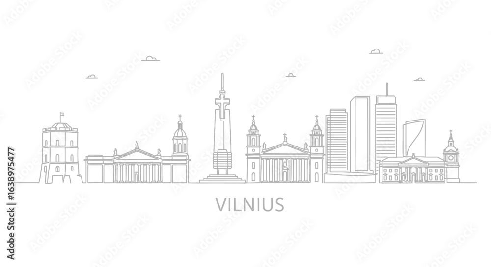 Naklejka premium Vilnius Skyline: A minimalistic line art illustration of the Vilnius skyline, showcasing iconic landmarks.