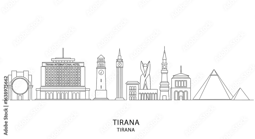 Fototapeta premium Tirana Skyline: A meticulously drawn skyline of Tirana's iconic landmarks, showcasing the city's unique blend of architectural styles in an elegant line art illustration.