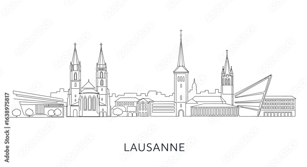 Fototapeta premium Lausanne Skyline in Monochrome: An elegant and simple outline of the iconic Lausanne skyline, rendered in a minimalistic, monochrome style, showcasing the city's architectural beauty.