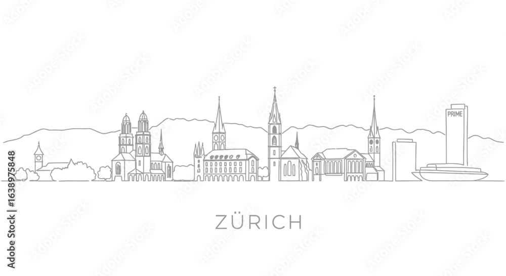 Fototapeta premium Zurich Skyline: A sleek, minimalist line drawing showcases the iconic cityscape of Zurich, featuring the distinct outlines of its famous buildings. 