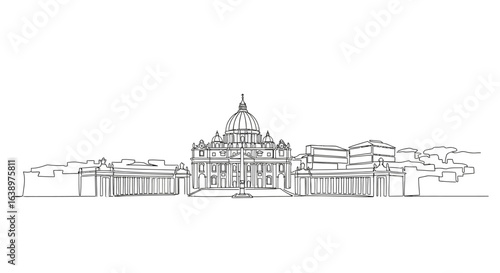 Vatican City Outline: A detailed line art illustration showcases the iconic skyline of Vatican City, highlighting the architectural grandeur of St. Peter's Basilica and surrounding structures.