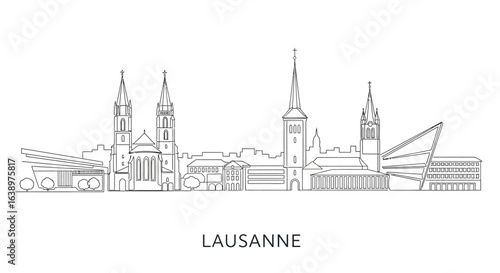 Lausanne Skyline in Monochrome: An elegant and simple outline of the iconic Lausanne skyline, rendered in a minimalistic, monochrome style, showcasing the city's architectural beauty.