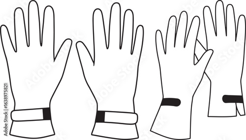 Four pairs of white protective gloves with black straps in silhouette
