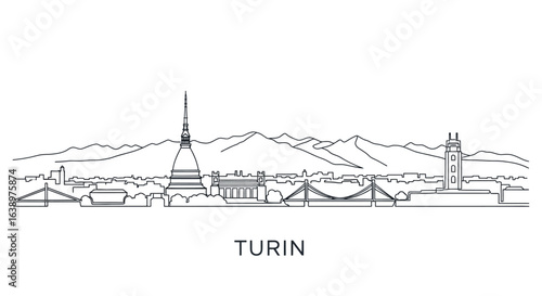 Turin Skyline Illustration: A minimalist illustration captures the elegant skyline of Turin, showcasing iconic structures. The artwork features the Mole Antonelliana, bridges, and buildings.