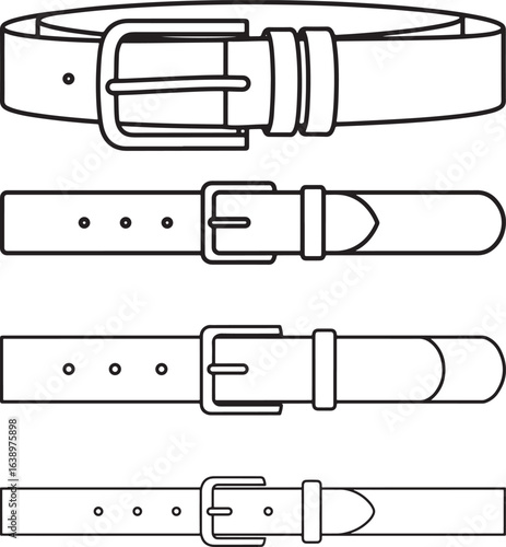 Collection of four leather belts with buckles in a simple line drawing silhouette