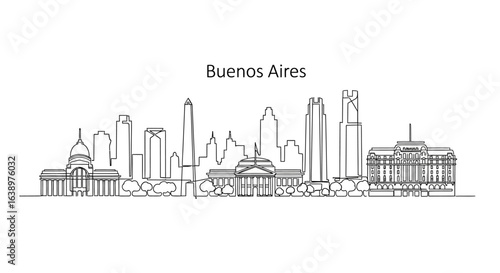 Buenos Aires Skyline: An elegant black line art captures the essence of Buenos Aires, depicting its iconic architecture and vibrant urban landscape.