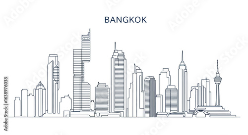 Bangkok City Skyline: A minimalistic monochrome depiction of Bangkok's iconic skyline, showcasing a unique line art style that highlights the city's architectural diversity and urban charm.