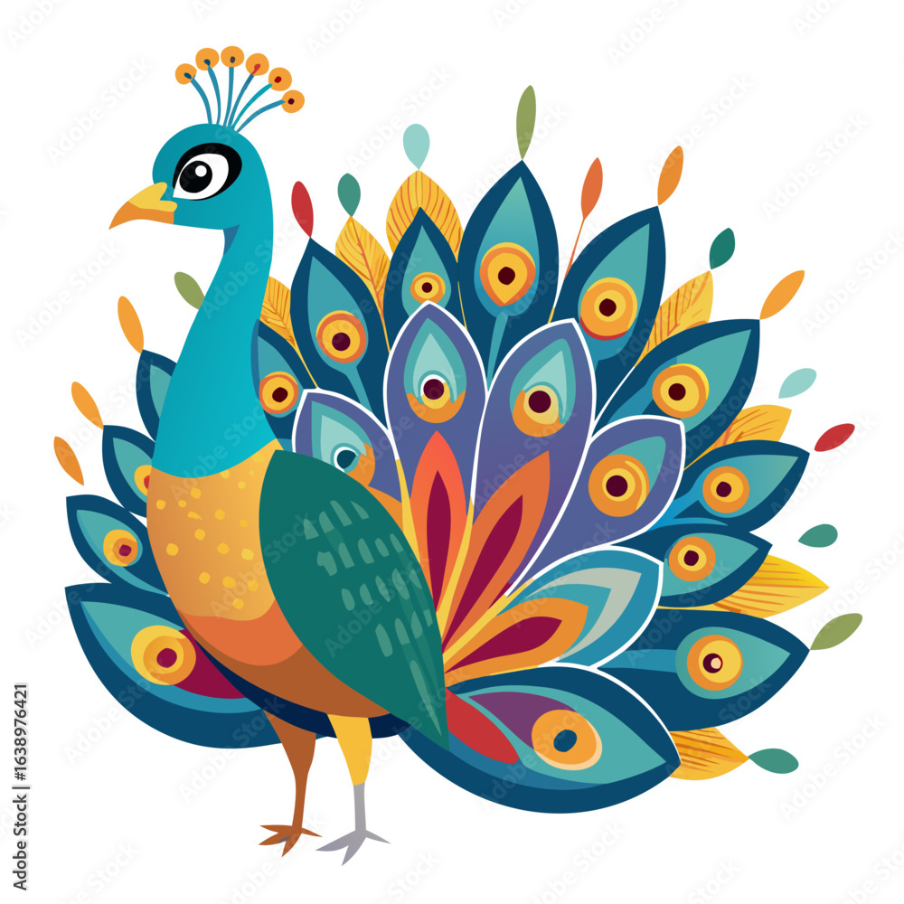 Fototapeta premium Peacock Vector – Elegant Bird with Colorful Decorative Feathers, Flat Style Isolated Illustration