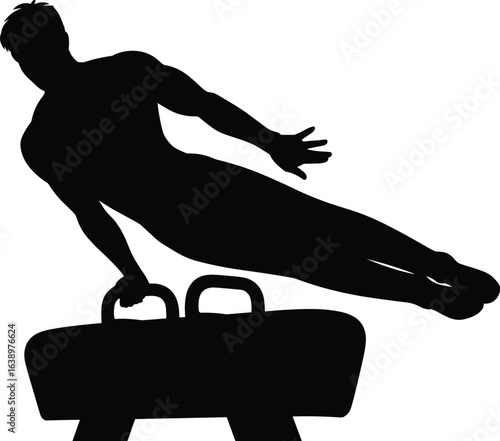 Dynamic silhouette of a male gymnast on a pommel horse, showcasing strength, balance, and athletic skill in a powerful and focused pose