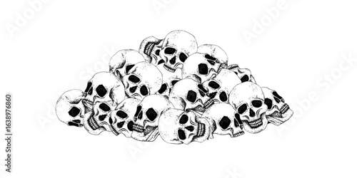 Pile of human skulls. Hand drawn graphic ink composition in Gothic style. Vector. Halloween, Day of the Dead decoration, Metalhead style. For textile, packaging, leaflets and other print product