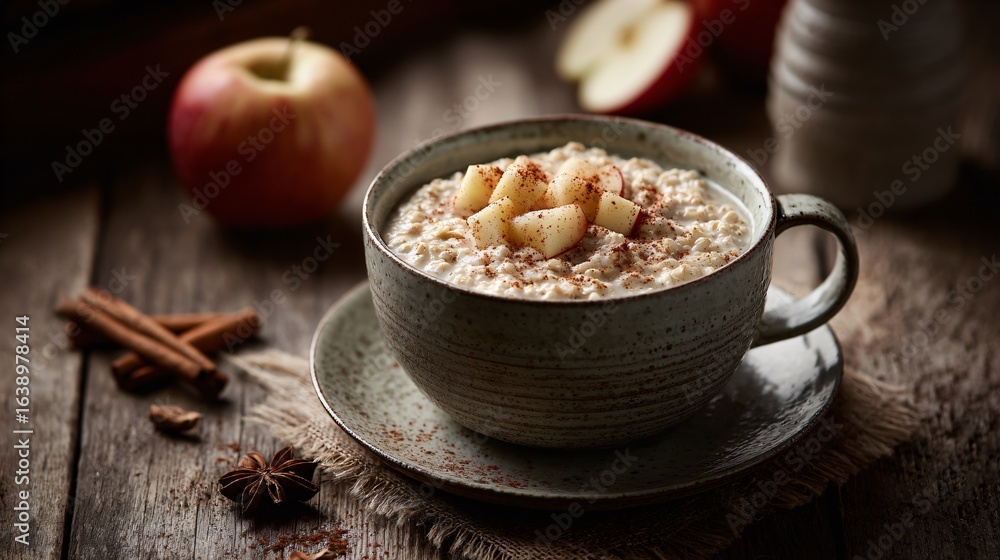 Fototapeta premium Warm oatmeal with apples and cinnamon, cozy setting and wooden textures